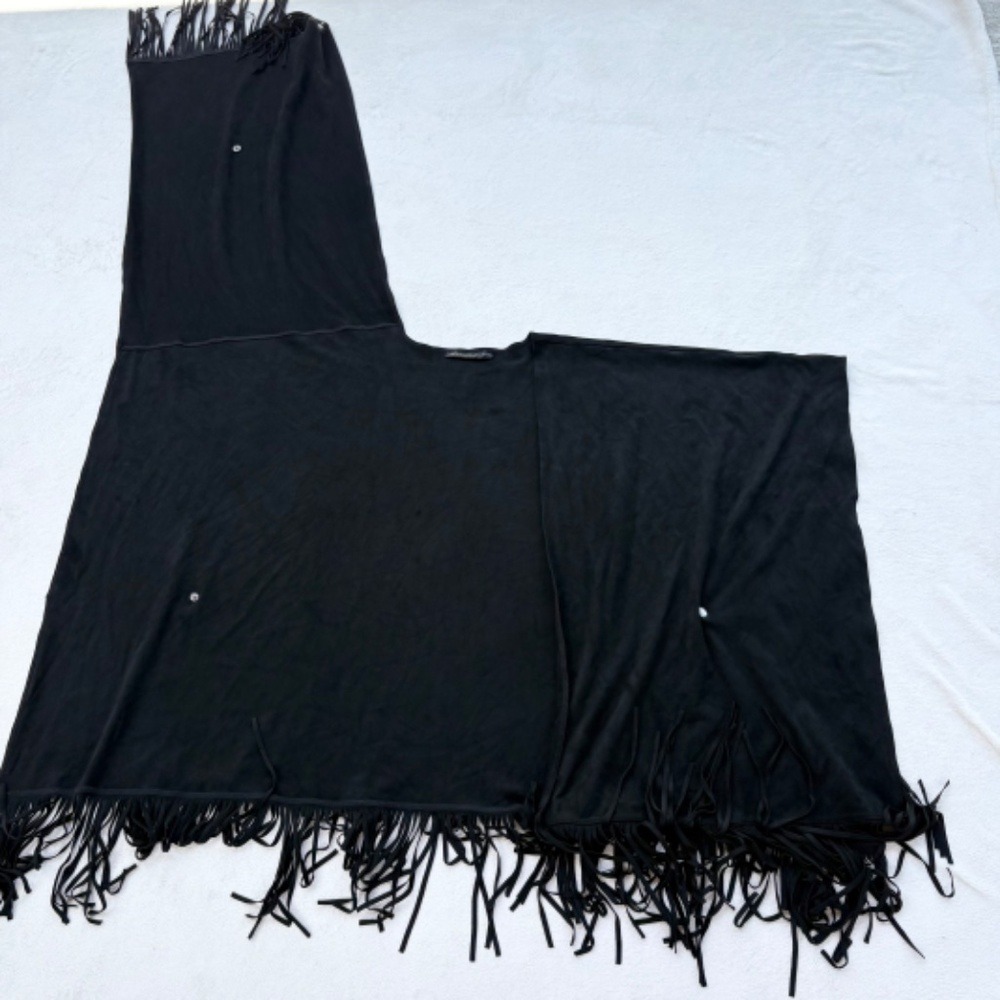 White House Black Market Black Poncho Shawl Wrap Cardigan O/S Fringe - Picture 10 of 12